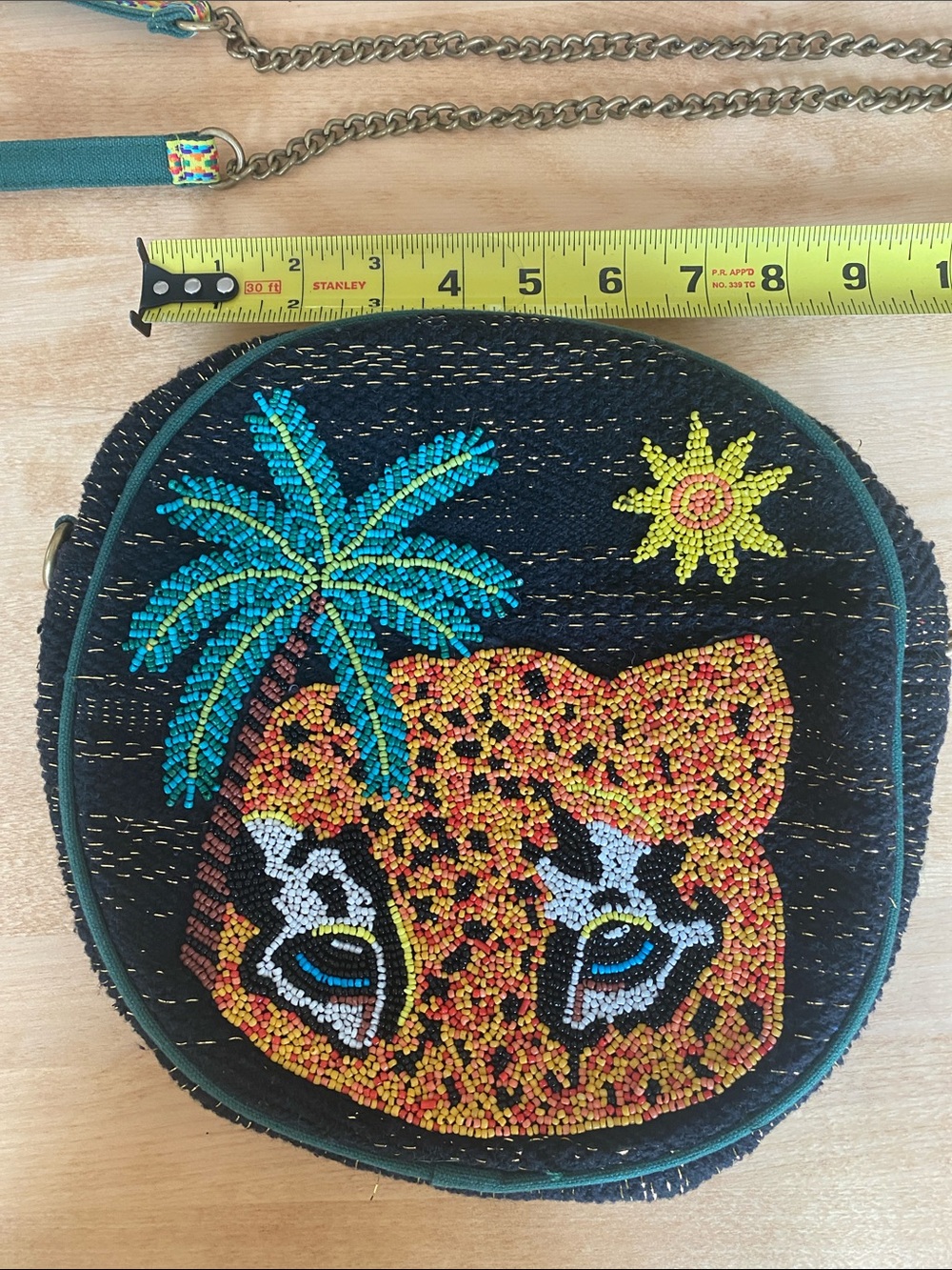 Black Beaded Round Crossbody Bag with Leopard & Palm Design - Picture 9 of 13